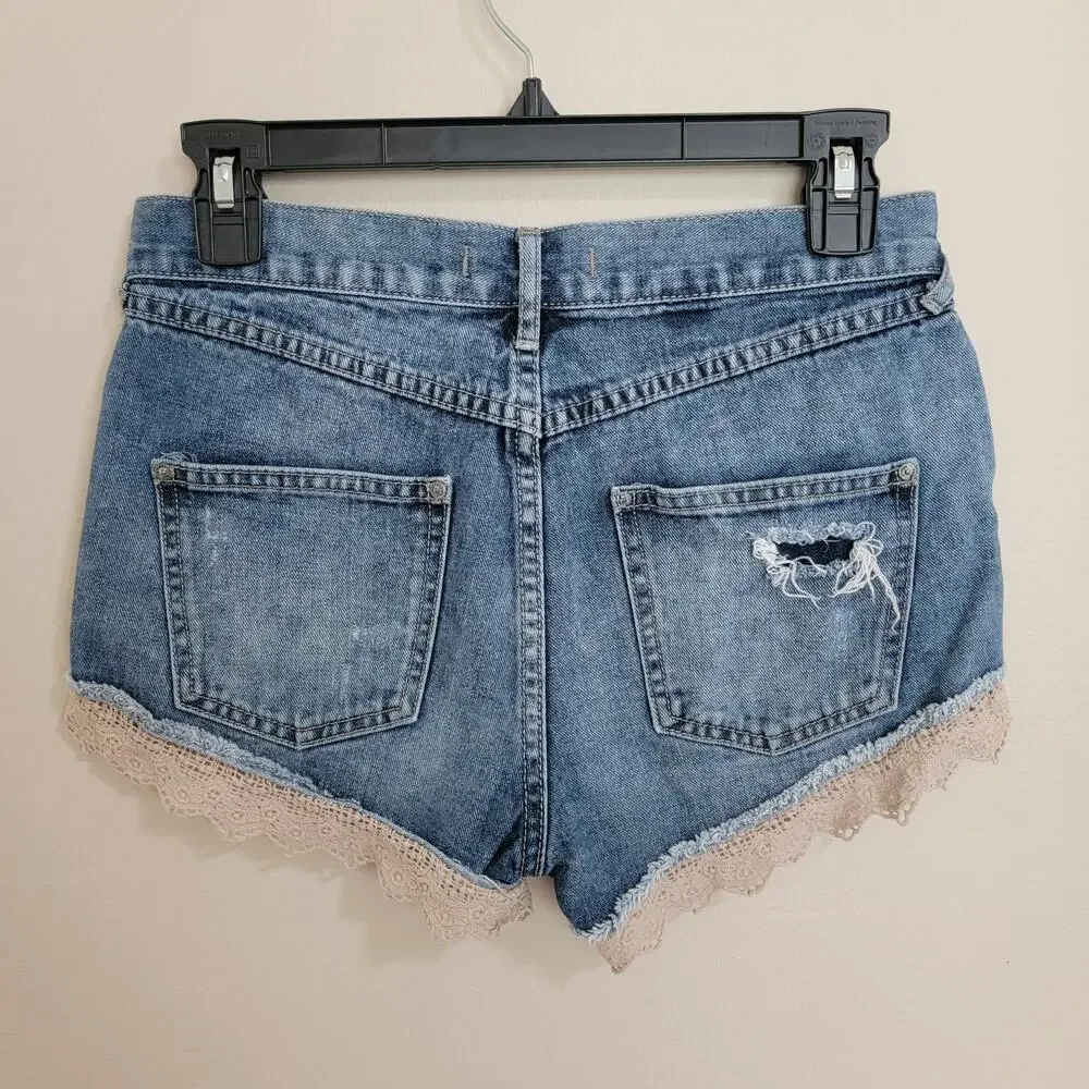 Free People Distressed Lace Denim Shorts Size 25